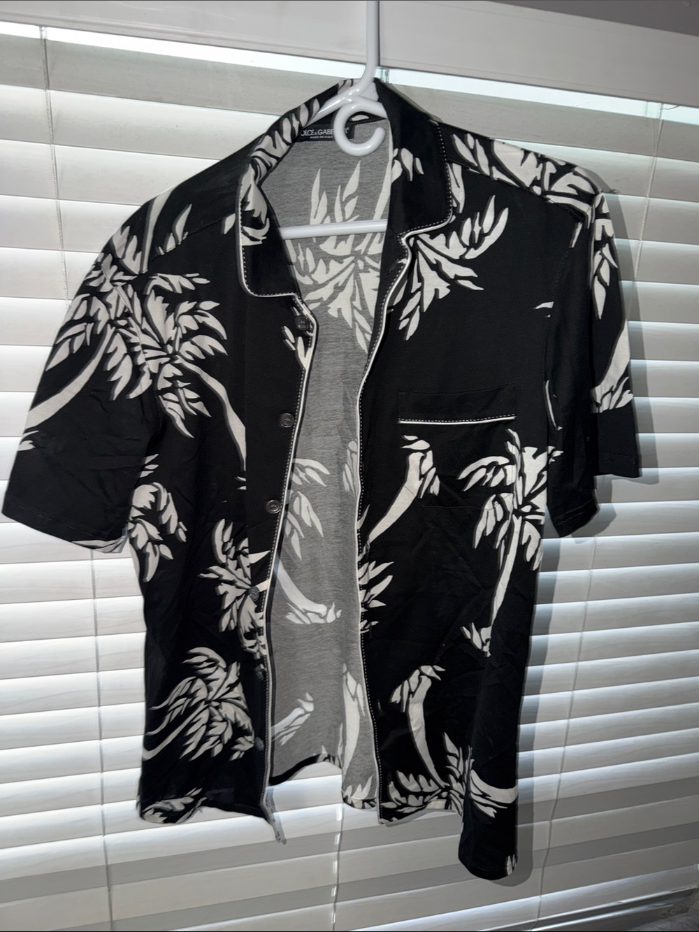 Dolce & Gabbana Black and White Tropical Print Short Sleeve Button-Down Shirt